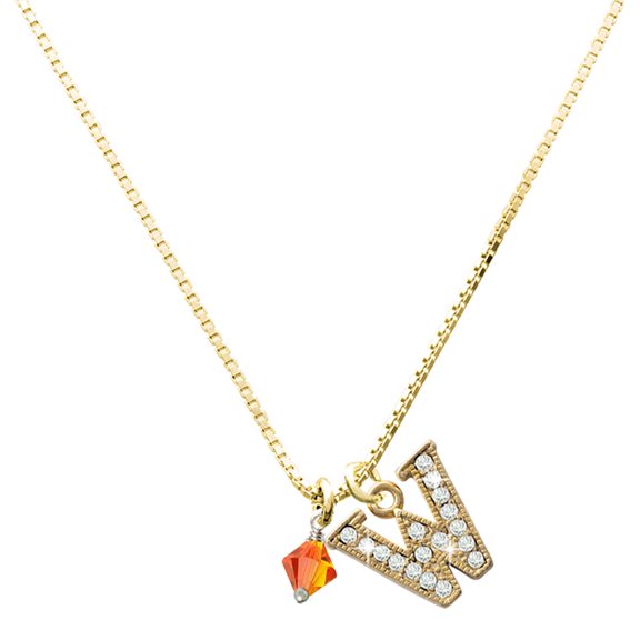Delight Jewelry Crystal Orange Bicone - Large Goldtone Crystal Initial - W - Charm Necklace, 17.5"+2"