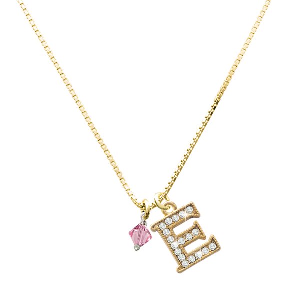 Delight Jewelry Crystal Pink Bicone with Large Goldtone Crystal Initial E Charm Necklace, 17.5"+2"