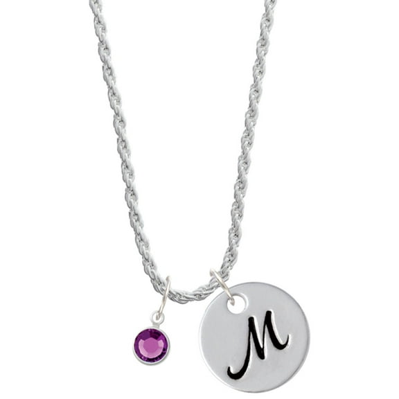 Delight Jewelry Crystal Purple Channel Drop Silvertone Script Initial Disc - M - Charm Necklace, 20"+3"
