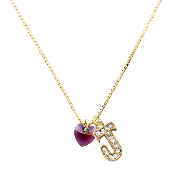 Delight Jewelry Crystal Purple Heart Charm and Goldtone Crystal Initial J Charm Necklace, 17.5"+2"