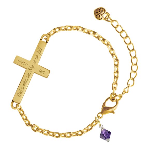 Delight Jewelry Crystal Purple Velvet Bicone - Gold Tone Psalm 46:5 She will not fall Engraved Cross Charm Bracelet, 6.5+1.5" Extender
