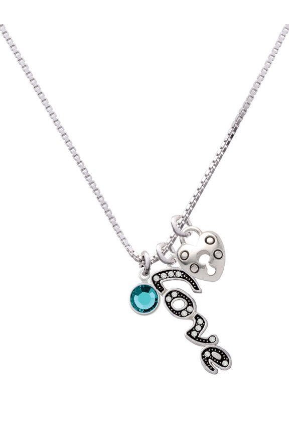 Crystal Teal Channel Drop - Love and Lock Charm Necklace, 18"+1"