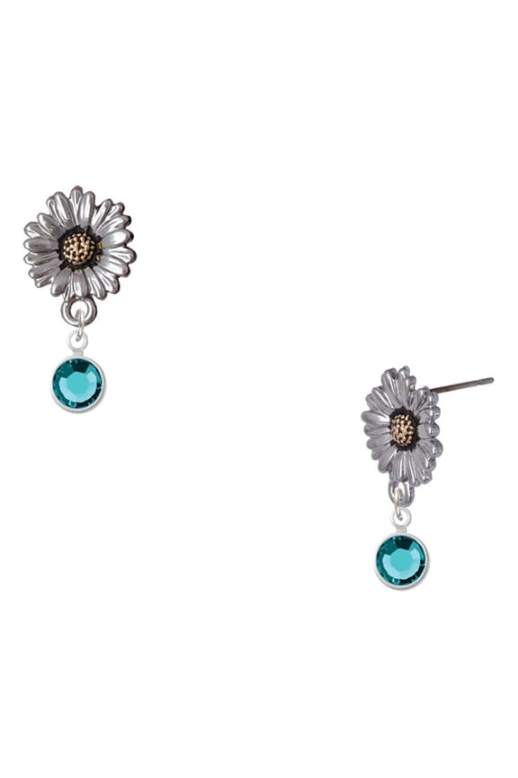 Crystal Teal Channel Drop - Two-tone Daisy Flower Post Earrings