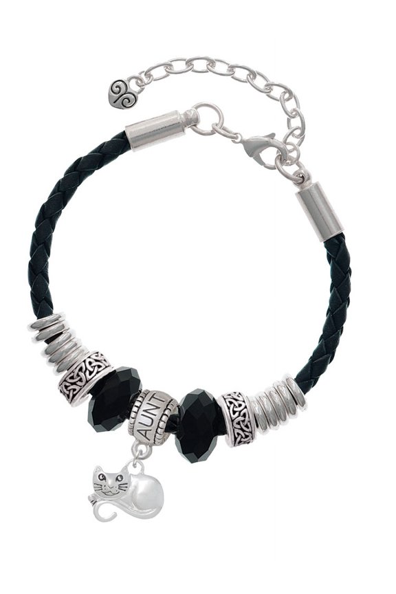 Curled Up Cat Aunt Celtic Knot Leather Bead Bracelet, 7"+2" Extender