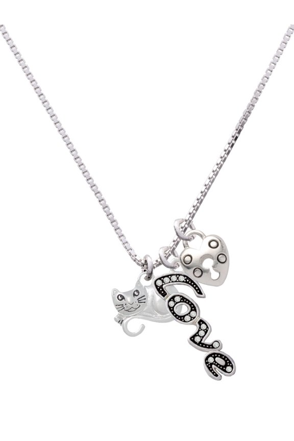 Curled Up Cat - Love and Lock Charm Necklace, 18"+1"