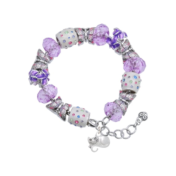 Delight Jewelry Curled Up Cat Purple Butterfly Bead Charm Bracelet, 7"+1" Extender