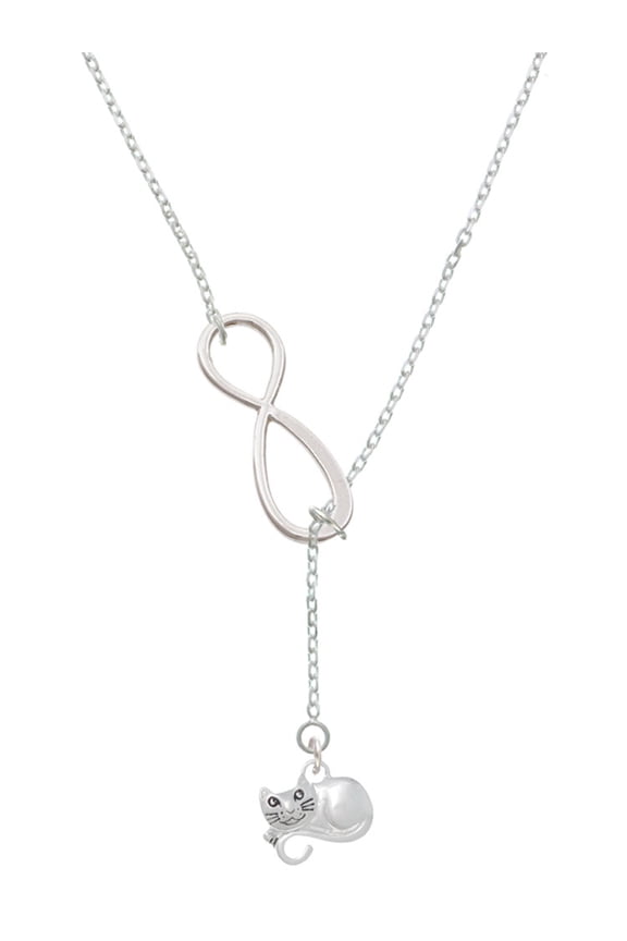 Curled Up Cat Silver tone Elegant Infinity Lariat Necklace