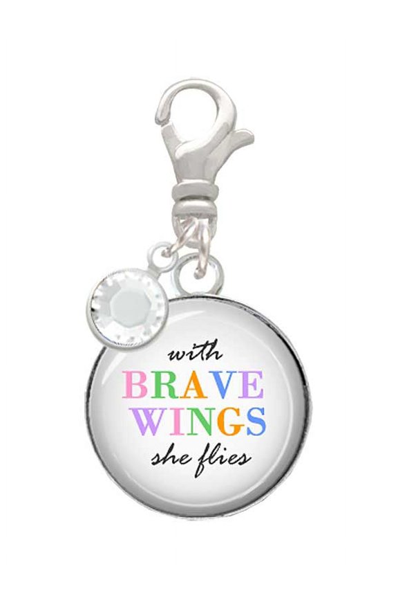 Domed Brave Wings - Silvertone Clip on Charm with Clear Crystal Drop