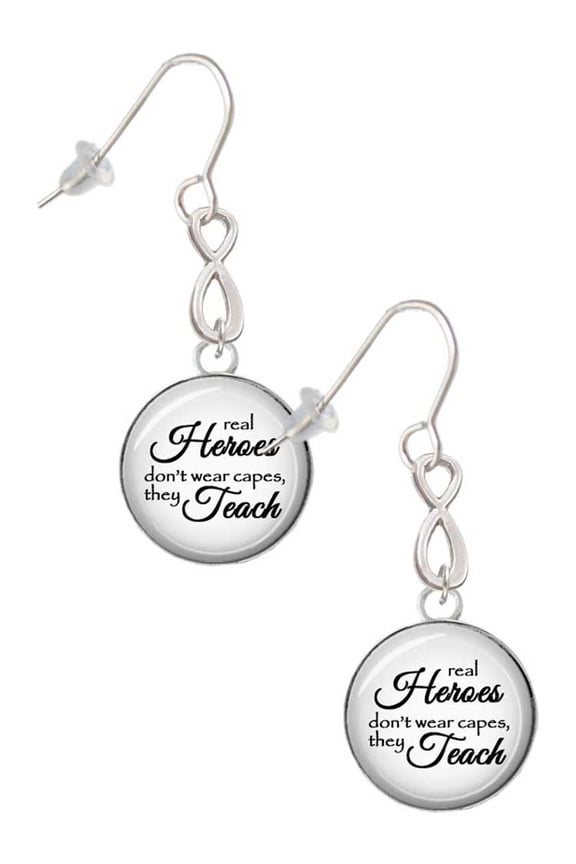 Domed Real Heroes Teach Silver tone Infinity French Earrings