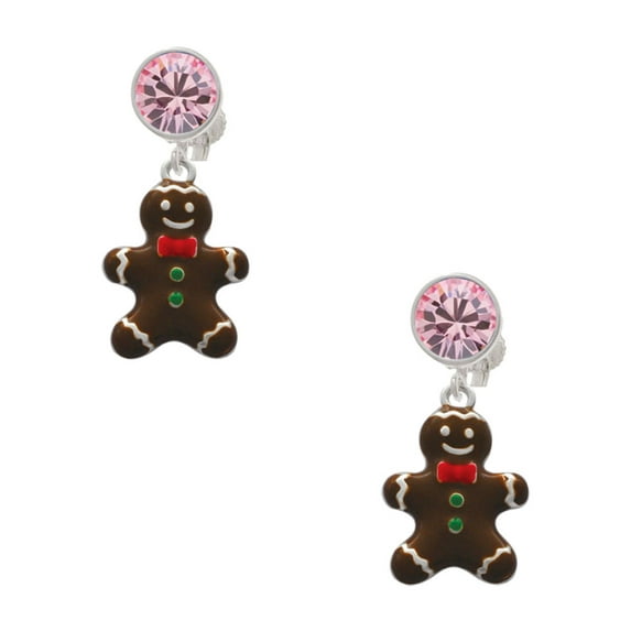 Delight Jewelry Enamel Gingerbread Boy Pink Crystal Clip on Earrings