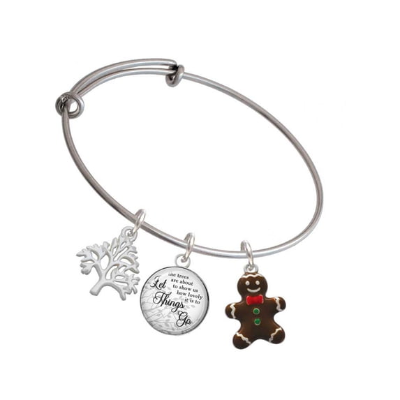 Delight Jewelry Enamel Gingerbread Boy Silvertone Let Things Go Tree Charm Bangle Bracelet