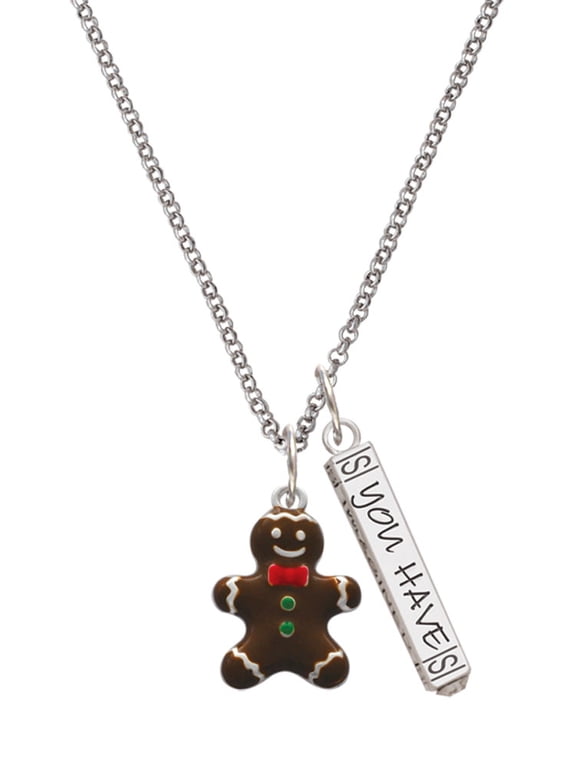 Enamel Gingerbread Boy Silvertone Live the Life You Have Imagined Bar Charm Necklace, 23"