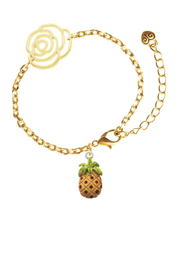 Enamel Pineapple Gold-tone Flower Link Chain Bracelet, 6.75"+2" Extender