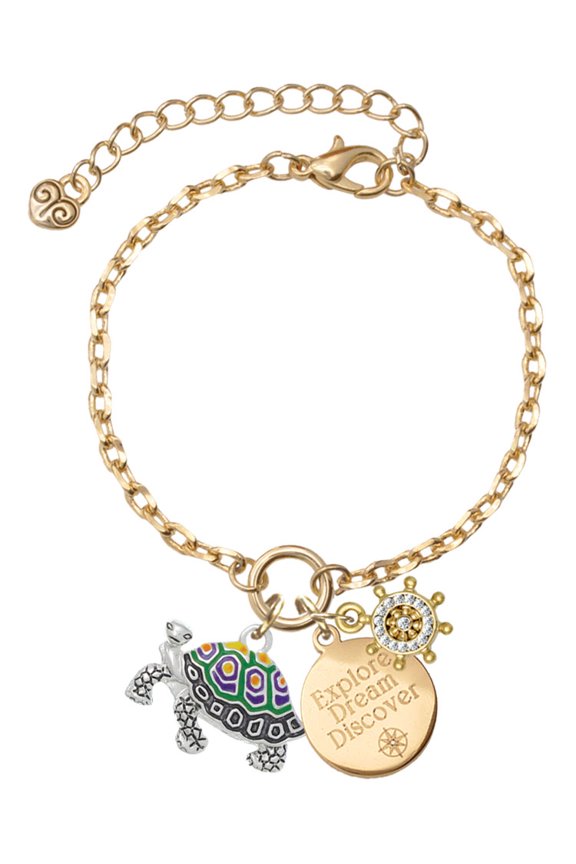 Enamel Side Turtle Goldtone Discover Dream Explore Zoey Charm Bracelet, 6.5+2" Extender