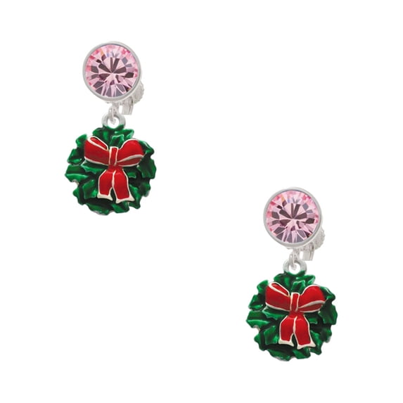 Delight Jewelry Enamel Wreath with Bow Pink Crystal Clip on Earrings