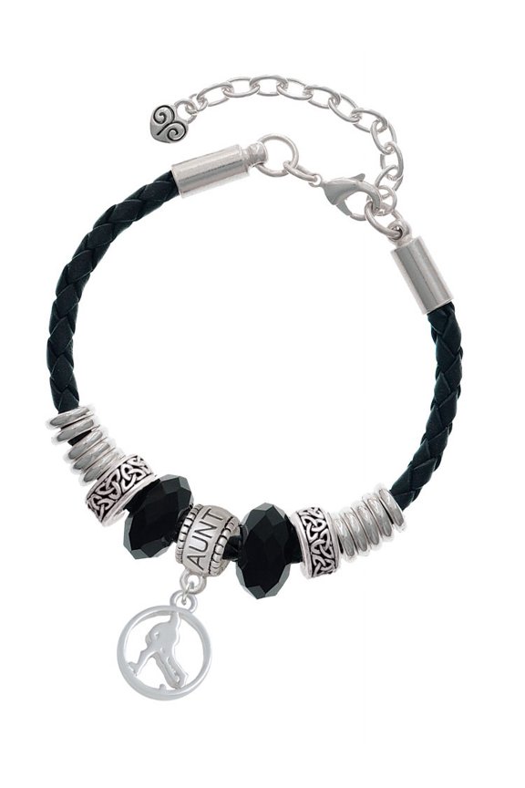 Field Hockey Player Silhouette in 1/2'' Disc Aunt Celtic Knot Leather Bead Bracelet, 7"+2" Extender