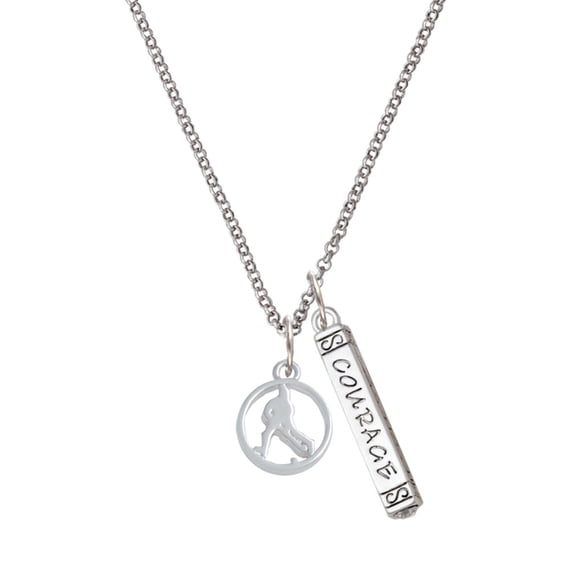 Delight Jewelry Field Hockey Player Silhouette in 1/2'' Disc Silvertone Courage Strength Wisdom Honesty Bar Charm Necklace, 23"