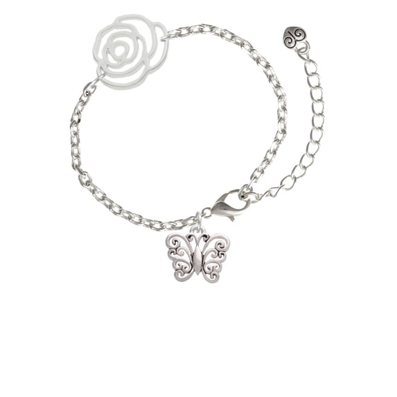 Delight Jewelry Filigree Curls Butterfly Silver-tone Flower Link Chain Bracelet, 6.75"+2" Extender