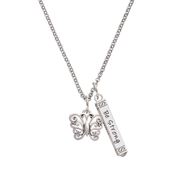Delight Jewelry Filigree Curls Butterfly Silvertone Be Strong and Courageous Bar Charm Necklace, 23"