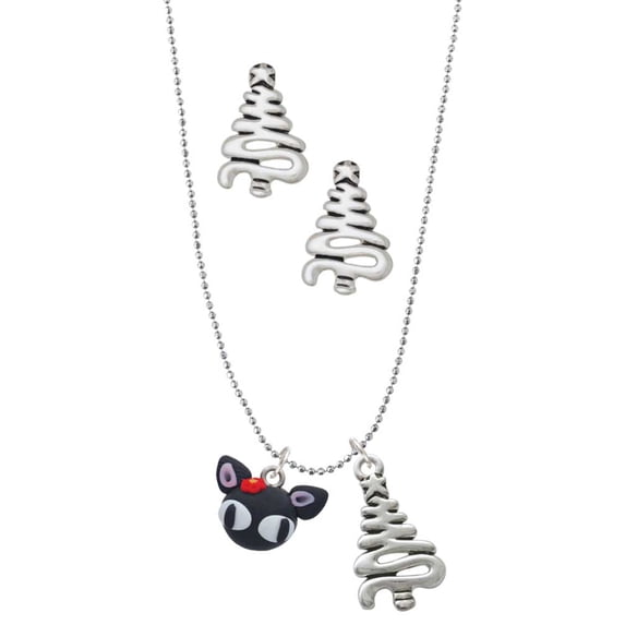 Delight Jewelry Fimo Clay Cute Kitty Silver tone Zig Zag Christmas Tree Charm Necklace and Stud Earrings