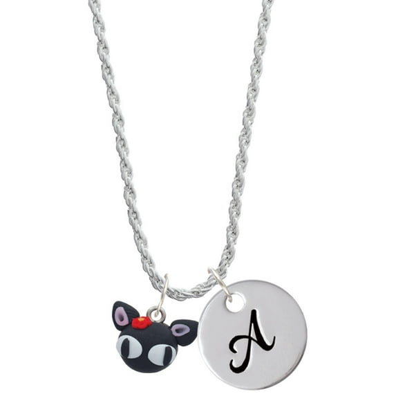 Delight Jewelry Fimo Clay Cute Kitty Silvertone Script Initial Disc - A - Charm Necklace, 20"+3"