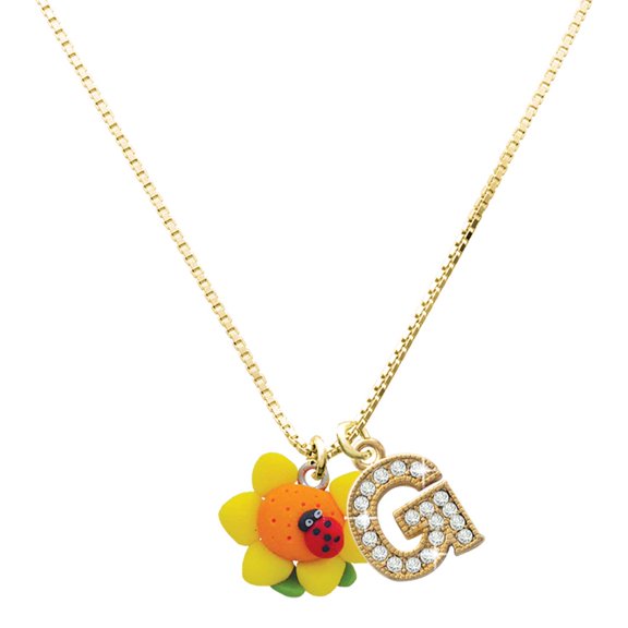 Delight Jewelry Fimo Clay Sunflower with Ladybug and a Large Goldtone Crystal Initial G Charm Necklace, 17.5"+2"