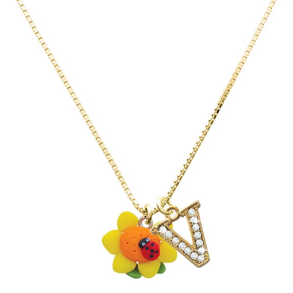 Delight Jewelry Fimo Clay Sunflower with Ladybug - Large Goldtone Crystal Initial - V - Charm Necklace, 17.5"+2"