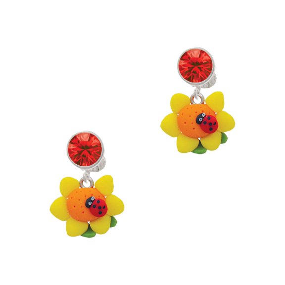 Delight Jewelry Fimo Clay Sunflower with Ladybug Red Crystal Clip on Earrings