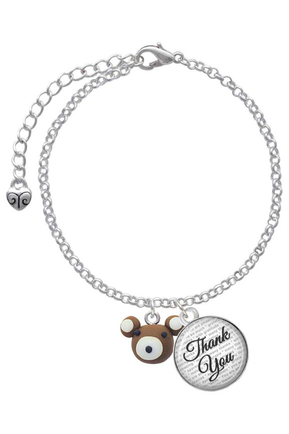 Fimo Clay Teddy Bear - Domed Thank You Charm Bracelet, 6"+2"