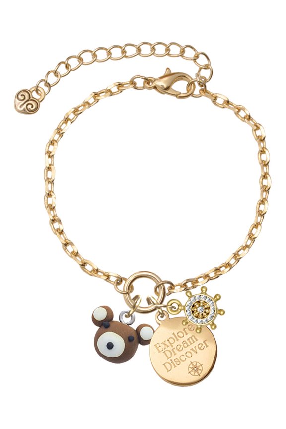 Fimo Clay Teddy Bear Goldtone Discover Dream Explore Zoey Charm Bracelet, 6.5+2" Extender