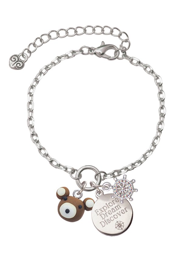 Fimo Clay Teddy Bear Silvertone Discover Dream Explore Zoey Charm Bracelet, 6.5+2" Extender