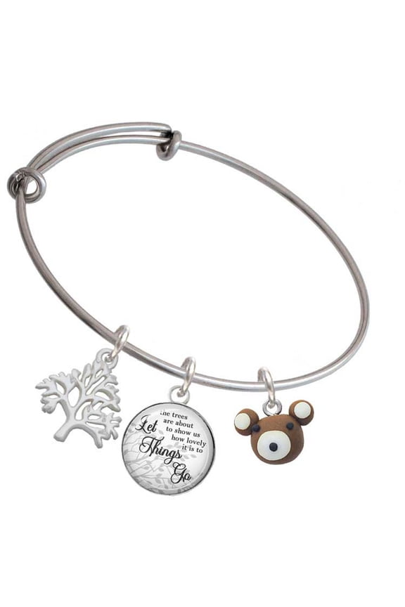Fimo Clay Teddy Bear Silvertone Let Things Go Tree Charm Bangle Bracelet