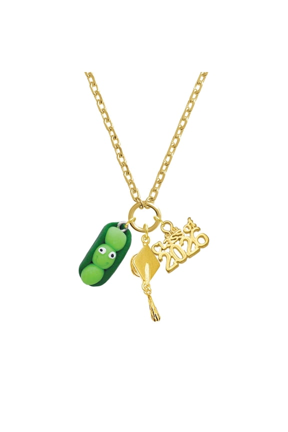 Fimo Clay Three Peas in a Pod - Gold-tone Class of 2026 Graduation Zoey Charm Necklace, 28"