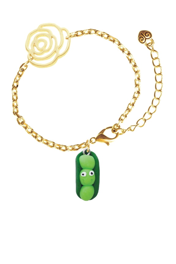 Fimo Clay Three Peas in a Pod Gold-tone Flower Link Chain Bracelet, 6.75"+2" Extender