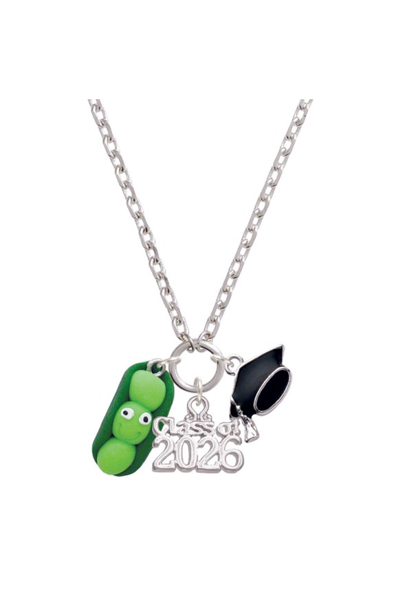 Fimo Clay Three Peas in a Pod - Silvertone Class of 2026 Graduation Zoey Charm Necklace, 28"