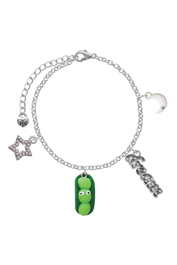 Fimo Clay Three Peas in a Pod Silvertone Dream Big Charm Bracelet, 7.5+2" Extender