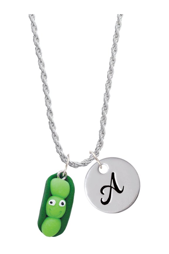 Fimo Clay Three Peas in a Pod Silvertone Script Initial Disc - A - Charm Necklace, 20"+3"