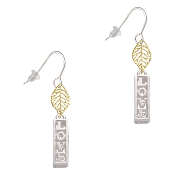 Delight Jewelry Four Sided ''Love'' with Heart Cutout Goldtone Leaf French Earrings