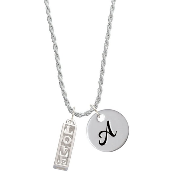 Delight Jewelry Four Sided ''Love'' with Heart Cutout Silvertone Script Initial Disc - A - Charm Necklace, 20"+3"