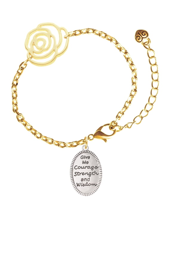 Give Me Courage Strength Wisdom Medallion Gold-tone Flower Link Chain Bracelet, 6.75"+2" Extender