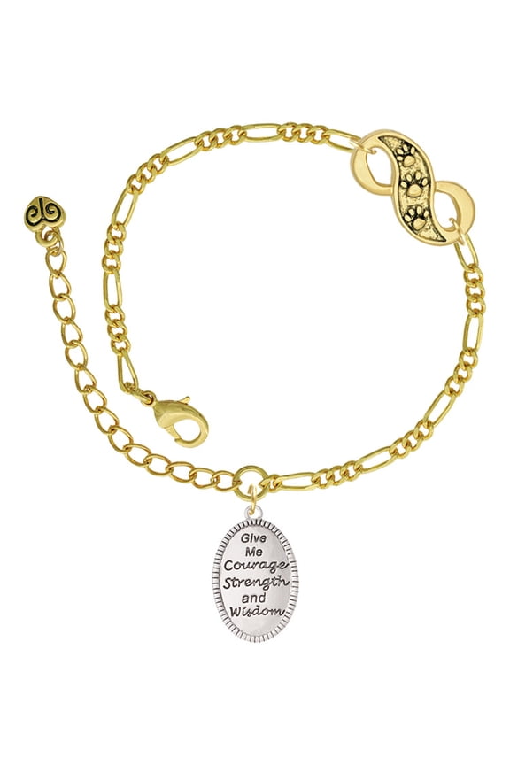 Give Me Courage Strength Wisdom Medallion Gold-tone Paw Infinity Link Chain Bracelet, 6"+2" Extender
