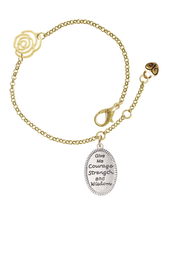 Give Me Courage Strength Wisdom Medallion Gold-tone Rose Link Chain Bracelet, 6.25"+1.75" Extender