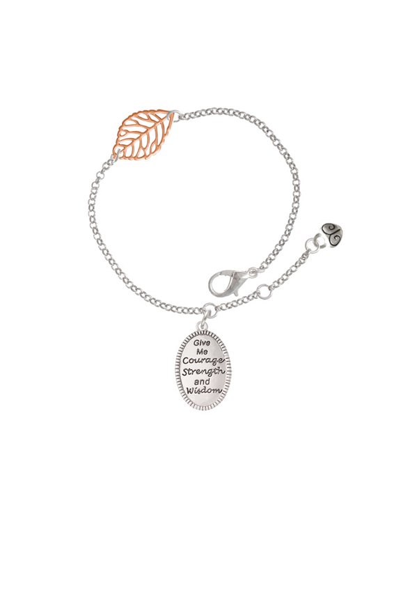 Give Me Courage Strength Wisdom Medallion - Rose Goldtone Leaf Delicate Bracelet, 6.25+1.75"