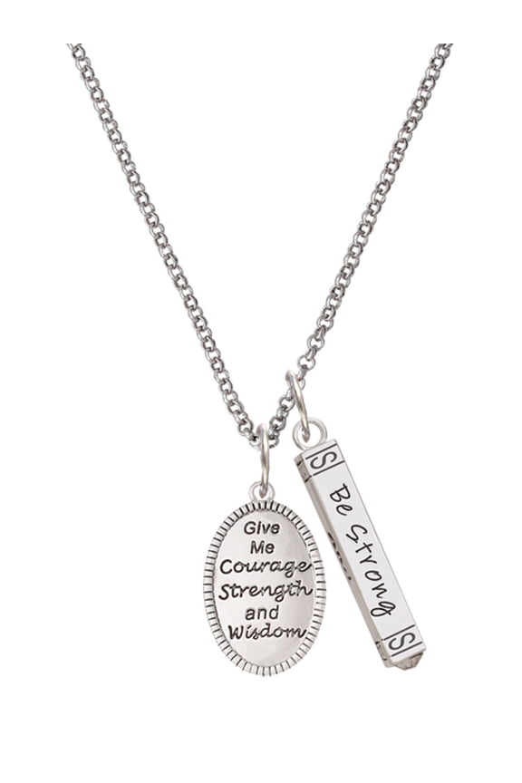 Give Me Courage Strength Wisdom Medallion Silvertone Be Strong and Courageous Bar Charm Necklace, 23"
