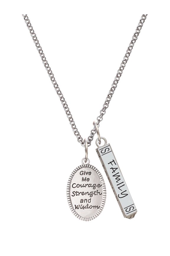 Give Me Courage Strength Wisdom Medallion Silvertone Family Bar Charm Necklace, 23"