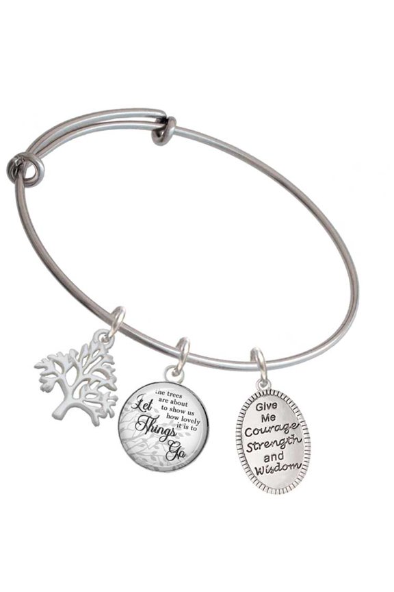 Give Me Courage Strength Wisdom Medallion Silvertone Let Things Go Tree Charm Bangle Bracelet