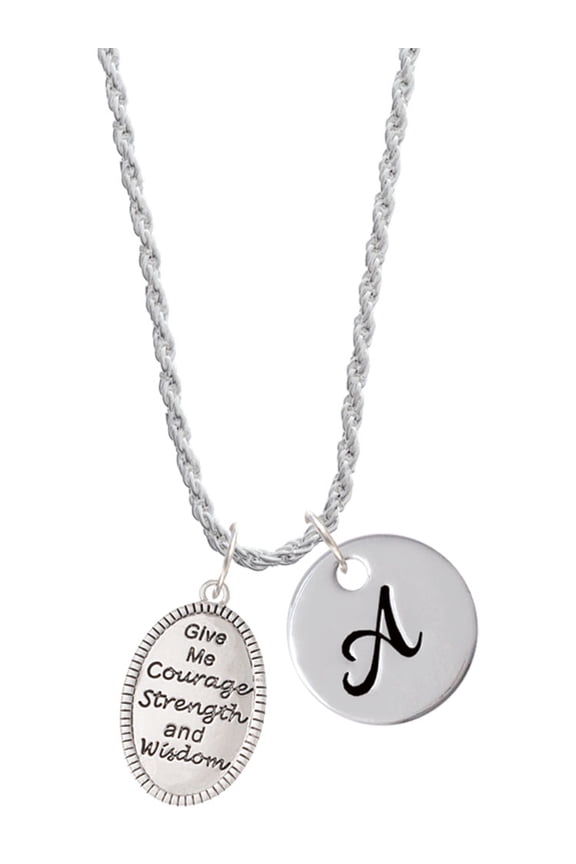 Give Me Courage Strength Wisdom Medallion Silvertone Script Initial Disc - A - Charm Necklace, 20"+3"