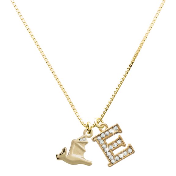 Delight Jewelry Gold-tone 3-D Flying Bat with Crystals - Large Goldtone Crystal Initial - E - Charm Necklace, 17.5"+2"