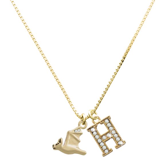 Delight Jewelry Gold-tone 3-D Flying Bat with Crystals and Large Crystal Initial H Charm Necklace, 17.5"+2"
