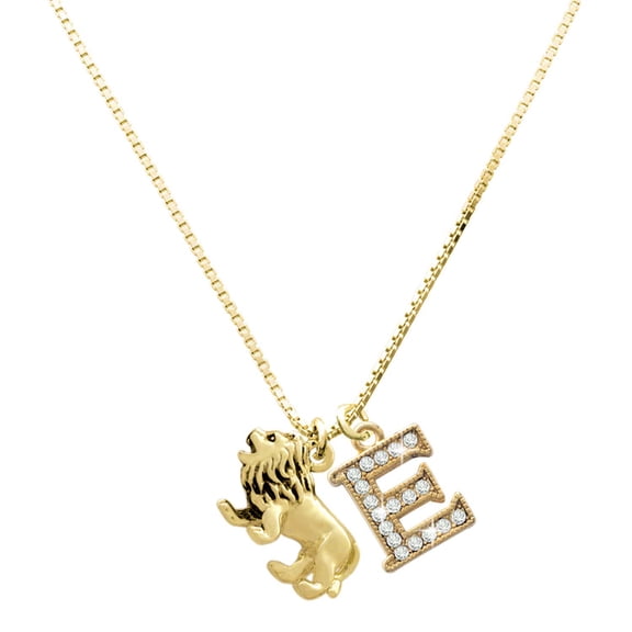 Delight Jewelry Gold-tone 3-D Lion - Large Goldtone Crystal Initial - E - Charm Necklace, 17.5"+2"